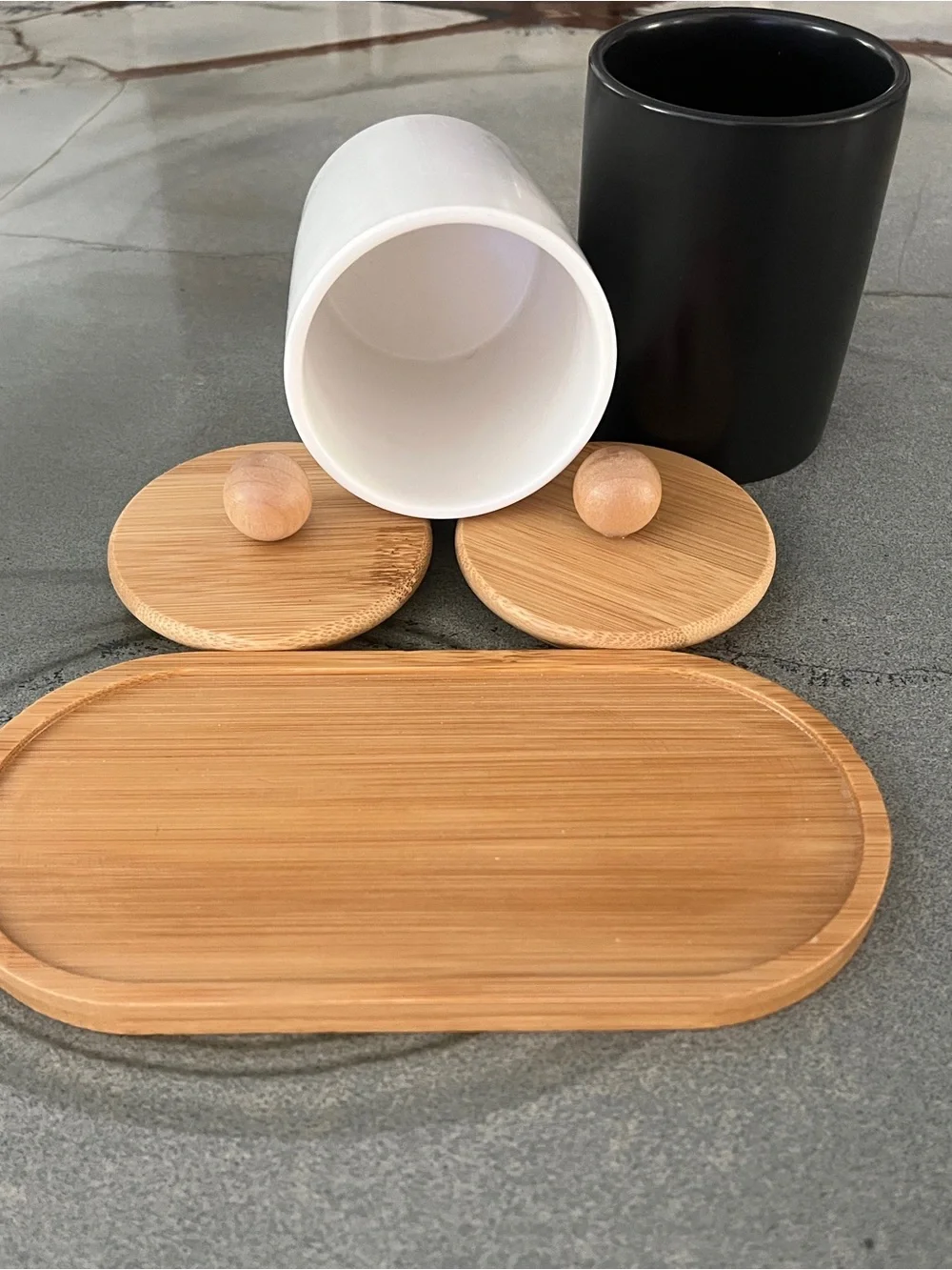 Set of Two Q-tip/Cotton Ball Ceramic Canisters with Bamboo Lids — Black & White